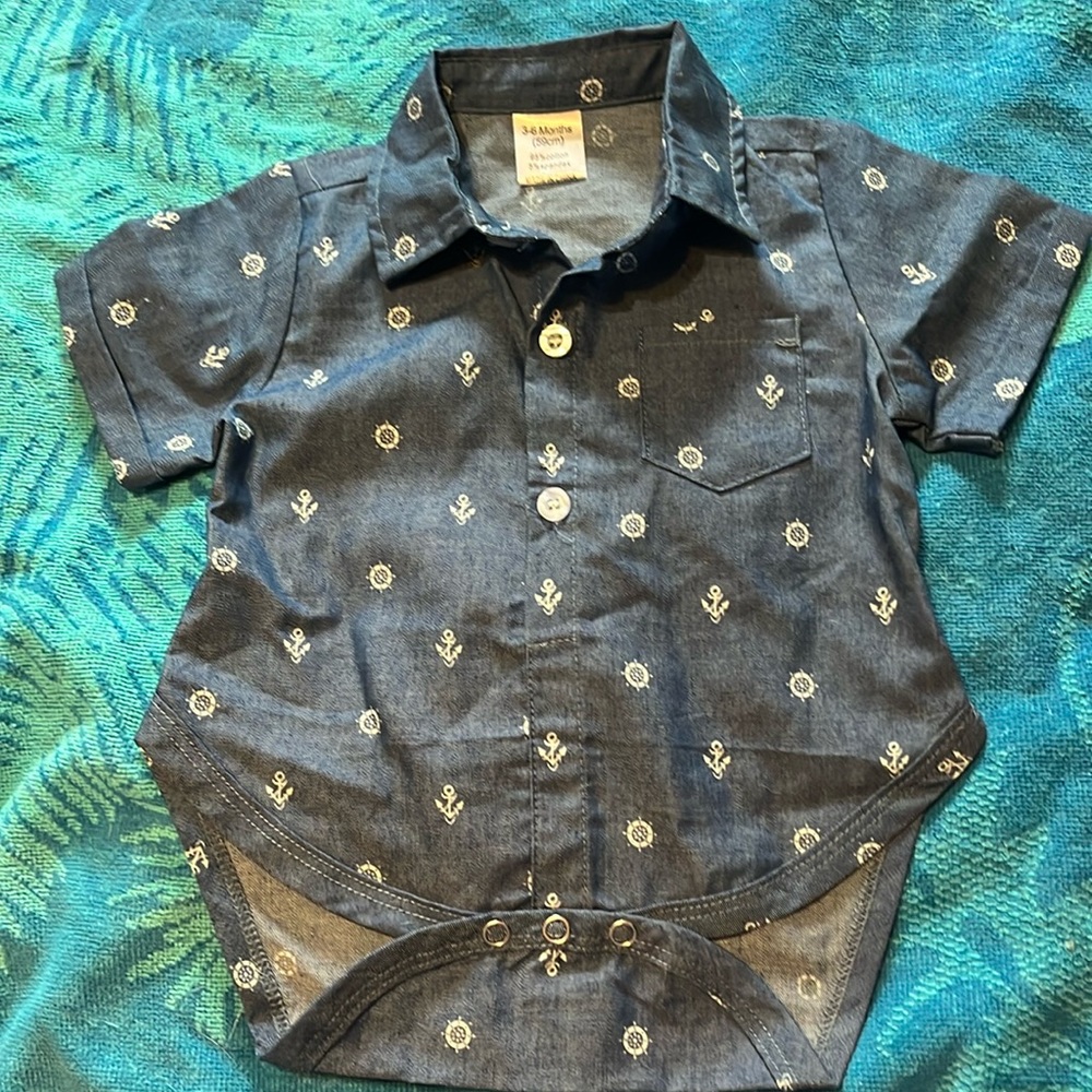 Boarnseorl size 3-6 months blue shirt style onesie. NWOT
